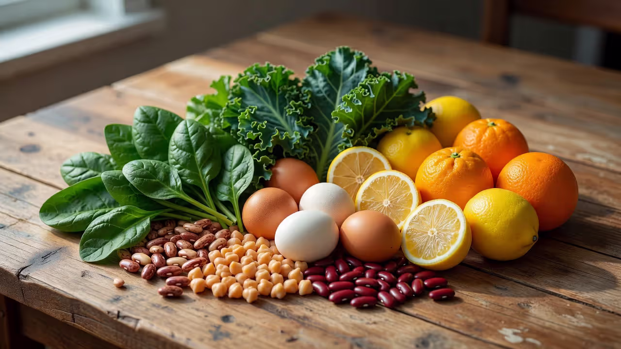 Продукты, богатые фолатом: листовые овощи, бобовые, яйца и цитрусовые