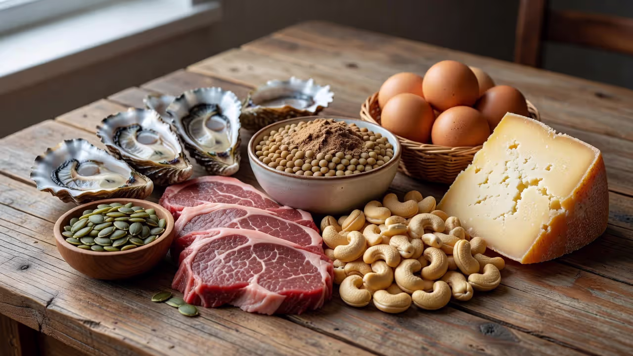 Продукты с высоким содержанием цинка на деревянном столе