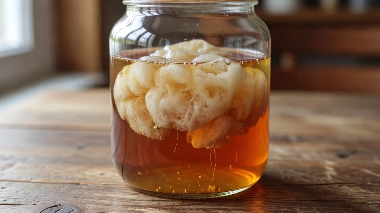 Симбиотическая культура SCOBY в банке с чайным грибом