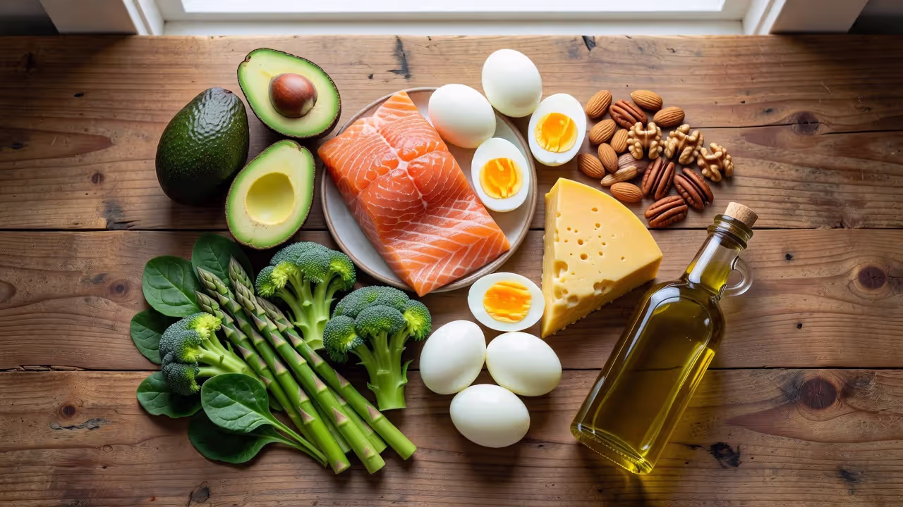 Продукты для кето диеты: авокадо, рыба, яйца, сыр, орехи и зелень