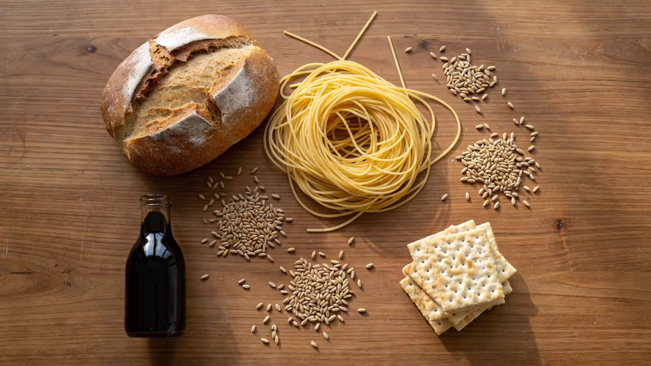 Продукты, содержащие глютен: хлеб, макароны, пшеница, соевый соус