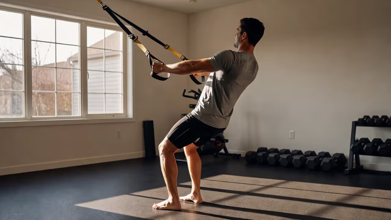 TRX тренировка дома — упражнение с подвесными петлями для функционального тренинга